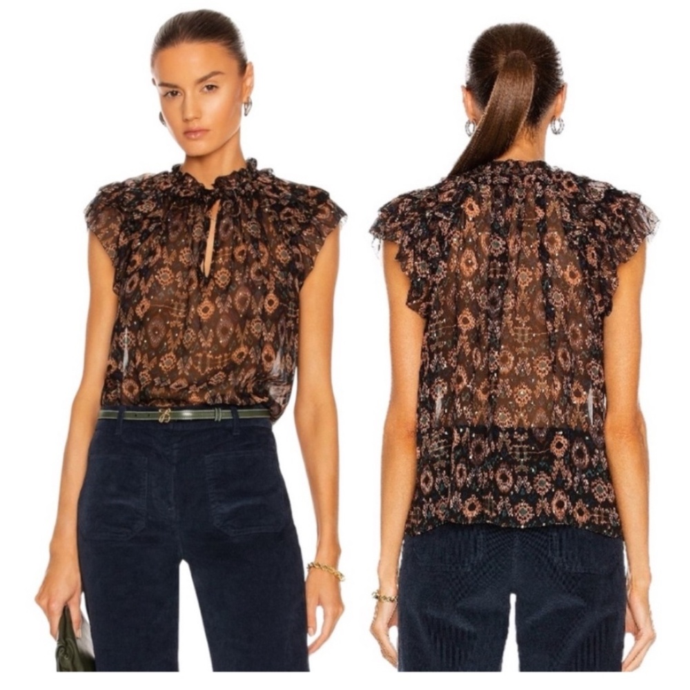Ulla Johnson Top Silk Brown Blue Print Size 4